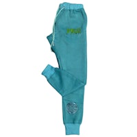 a teal sweatpants with a green logo on them